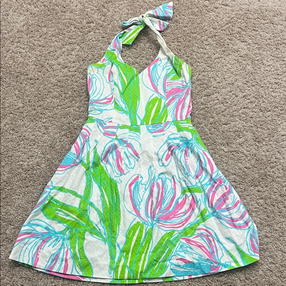 Lilly Pulitzer Pink, Green & White Halter Floral Dress sz 2